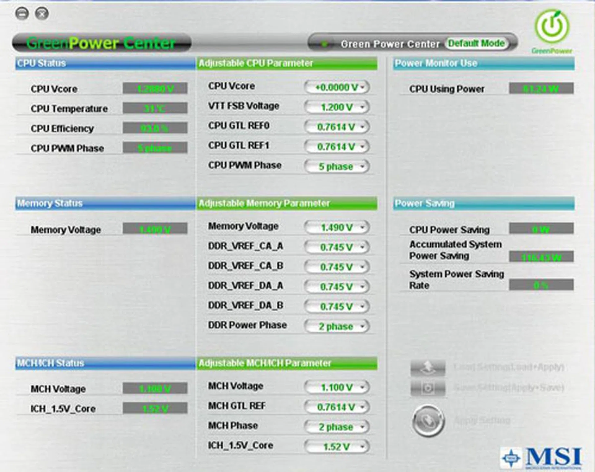 This is how MSI's Green Power Center looks when you first click on it. It's both a status monitoring and tweaking interface for users in the Windows environment.
