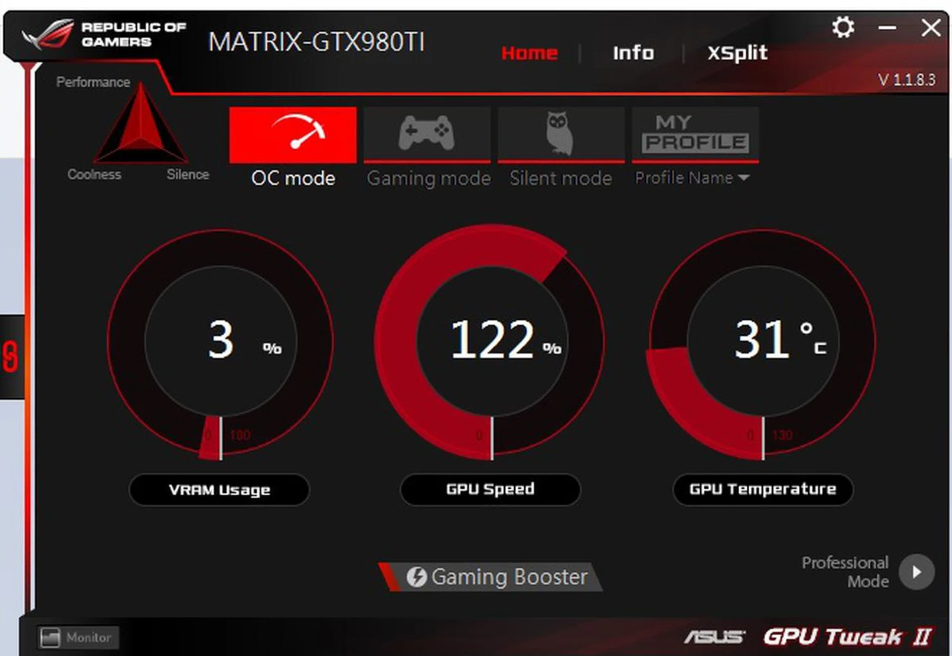 ASUS GPU Tweak II software tool, with the OC mode selected.