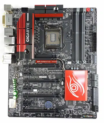 The Gigabyte GA-Z97X-Gaming G1 WIFI-BK is a gaming-centric board that boasts of a souped-up onboard audio system, and a network connectivity bundle for both LAN and wireless options. It even supports liquid-cooling kits for its VRM heatsinks. 