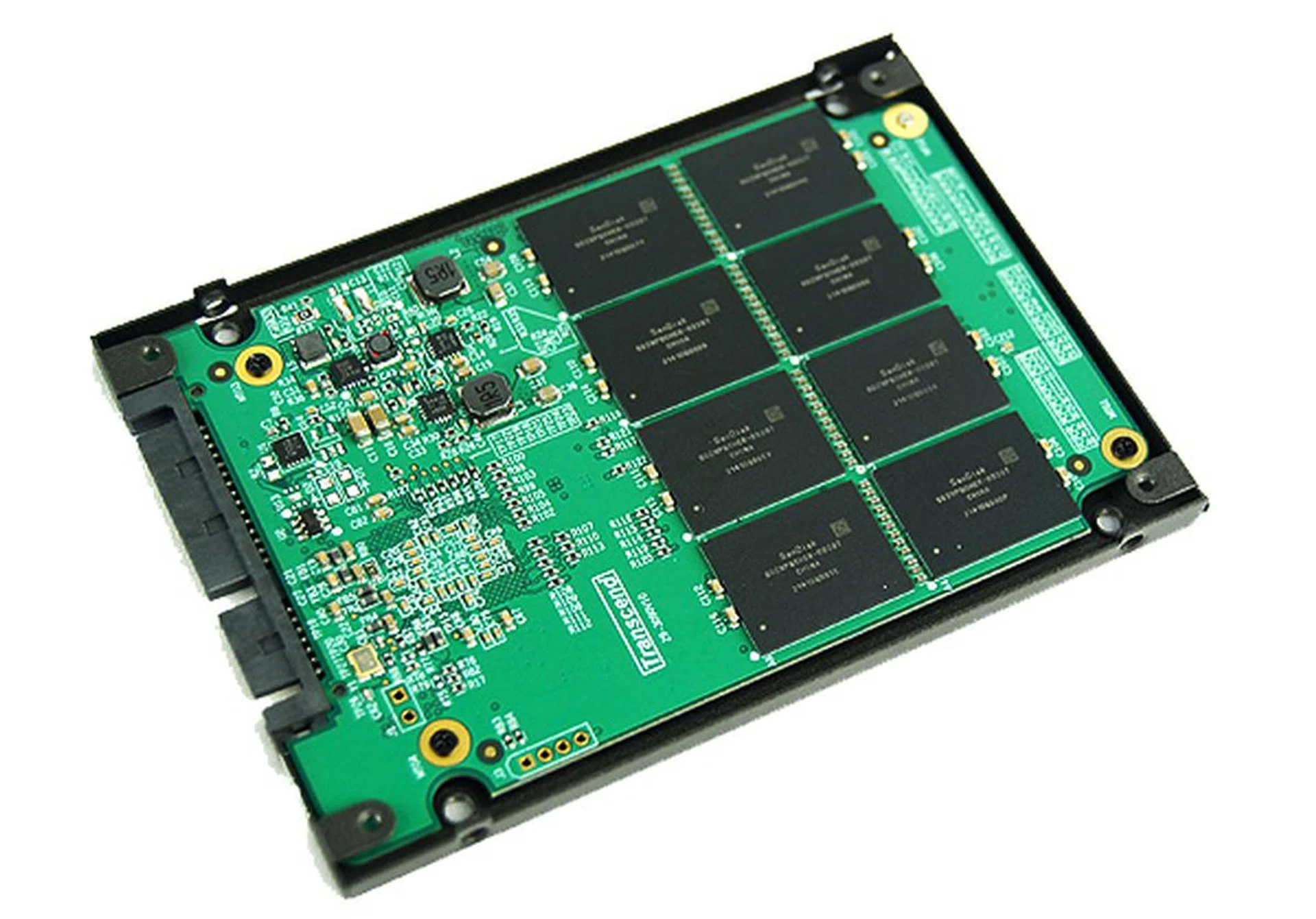 Peeling the cover open we find eight 32GB SanDisk SDZNPQCHER-032GT memory chips.