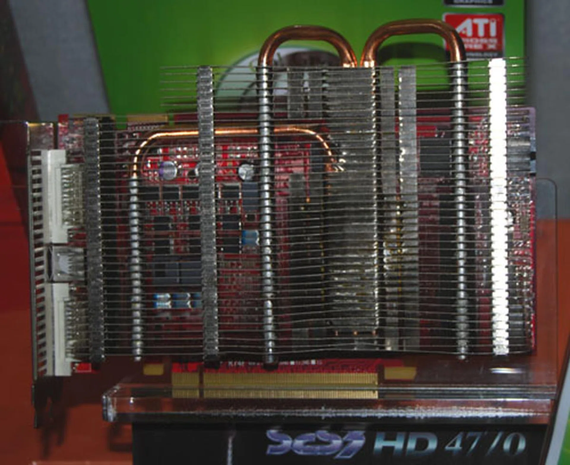  PowerColor will be releasing a green version of the Radeon HD 4770, featuring an all passive heatsink. This is still an engineering prototype, hence the raw feel of the cooling fins.  