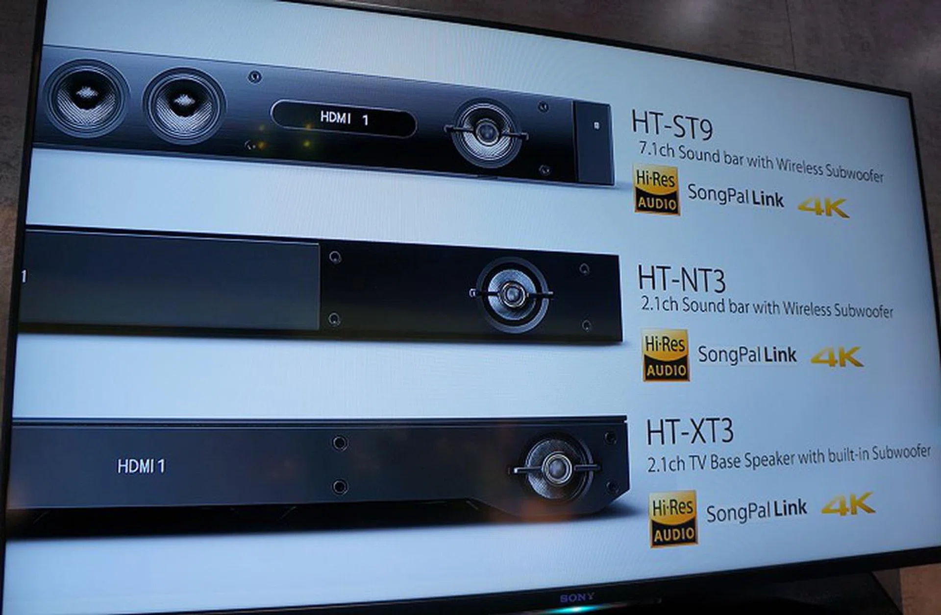 Here are some of Sony's upcoming sound bar models for this year. The top two units will continue to use Sony's ferrofluid speaker technology that debuted last year.