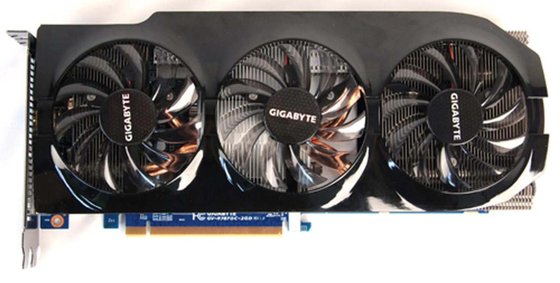 Gigabyte's HD 7870 OC is the only model in our shootout using a triple-fan cooling system, Gigabyte's Windforce 3X.