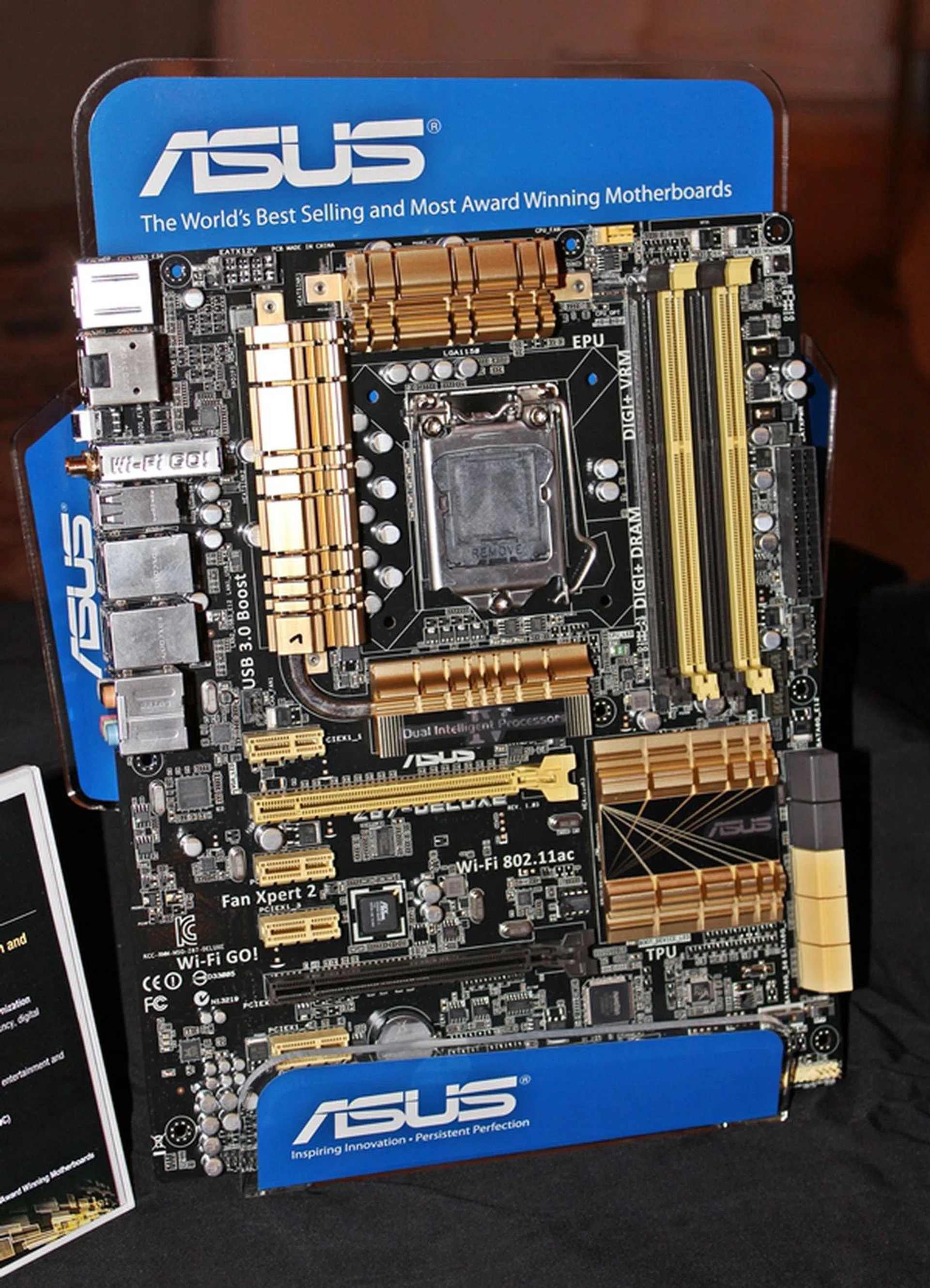 The ASUS Z87-Deluxe motherboard. We noticed a PLX switching chip that will add more PCIe lanes to the board. Seems like the Deluxe models are living up to their names quite nicely.