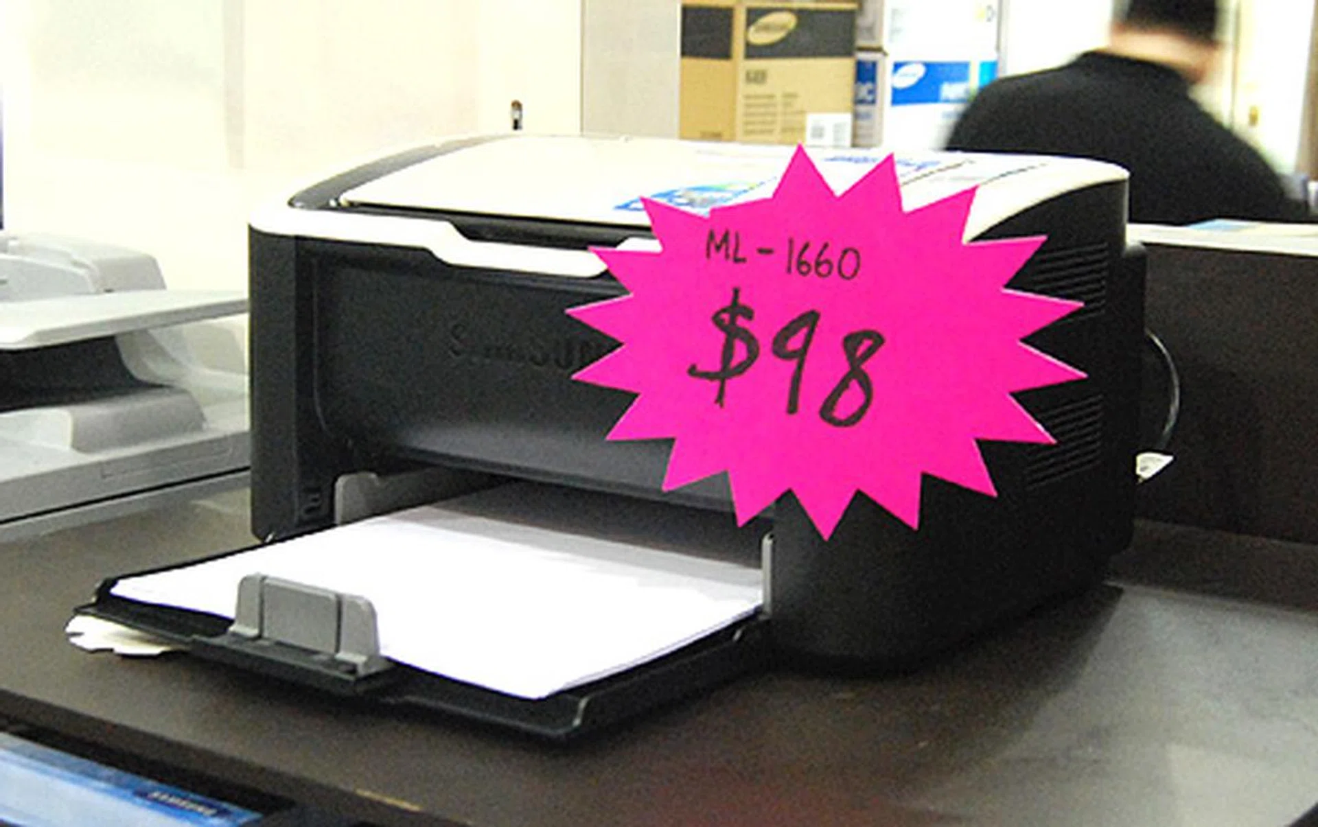 Samsung has printers too. This basic ML-1660 mono laser printer is small, compact and will print up to 16ppm, going at only $98 (U.P.: $138).