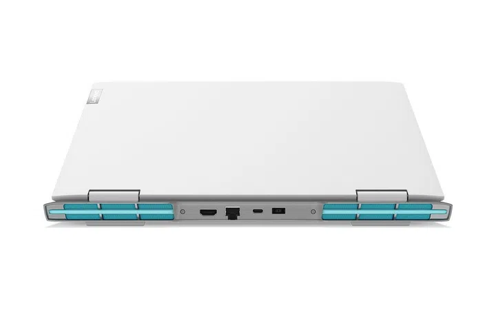 The back of the Glacier White IdeaPad Gaming 3i, with ports and blue accents. (Image source: Lenovo)