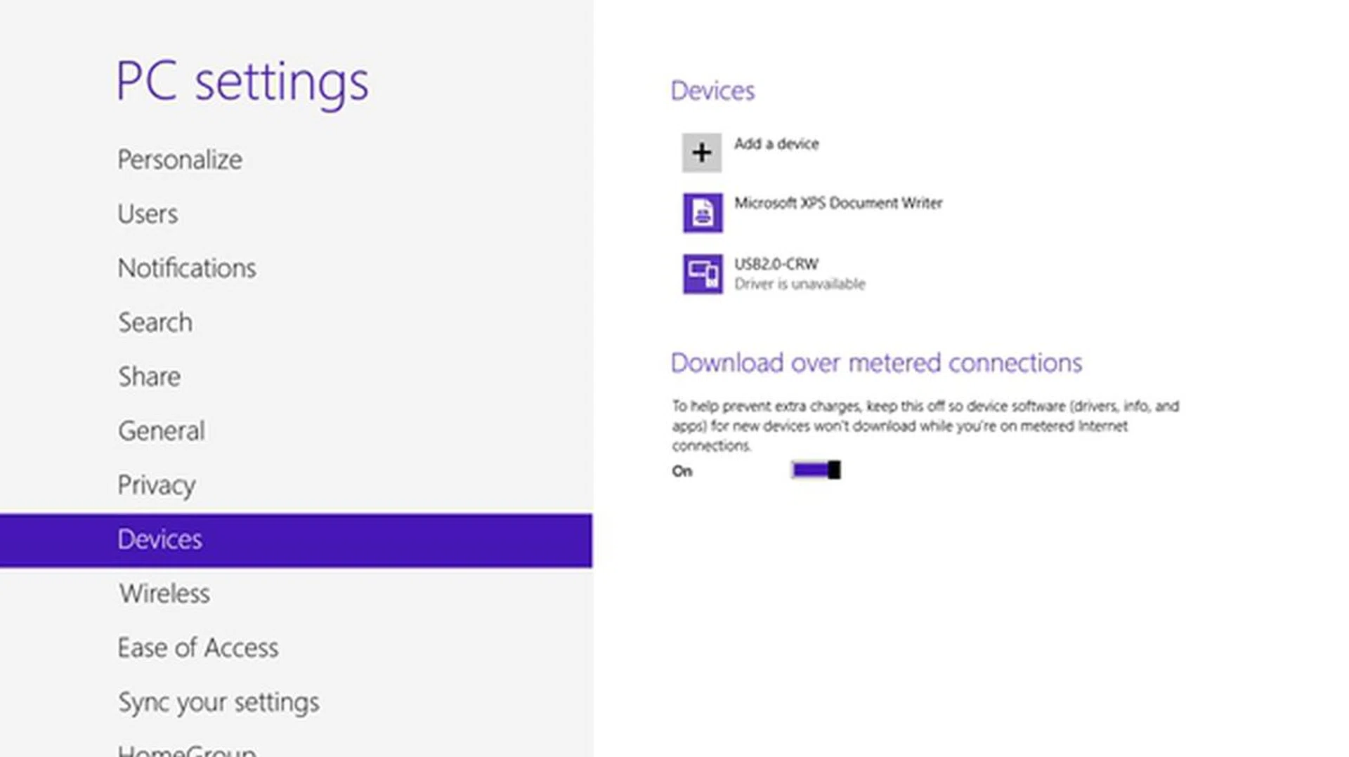 You can toggle the behavior of the Windows 8 system so that device software will not be downloaded unnecessarily when you are on a metered connection like a mobile broadband connection with a data usage cap.