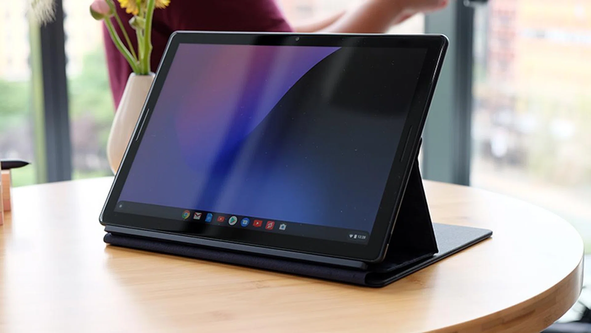 The keyboard doubles as a kickstand for the device as well.