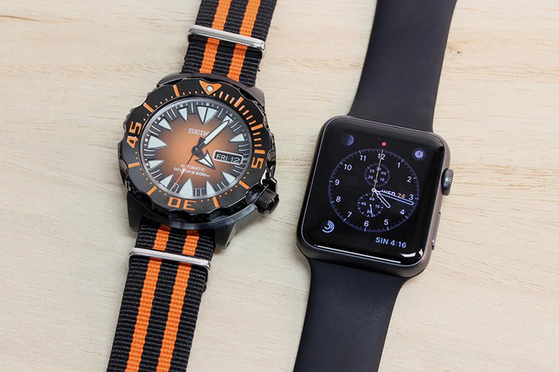 A smartwatch is always a want, never a need. Here's a quick size comparison between a 43mm (case diameter) Seiko SRP311K "Monster" and a 42mm (case height) Apple Watch Sport.