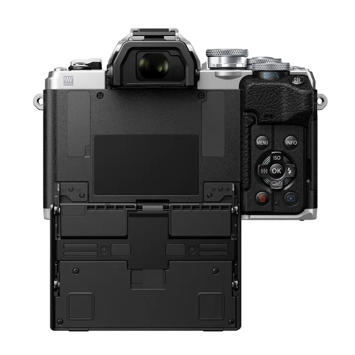 The rear LCD screen now flips downwards for easy selfie-taking. (Image source: Olympus)
