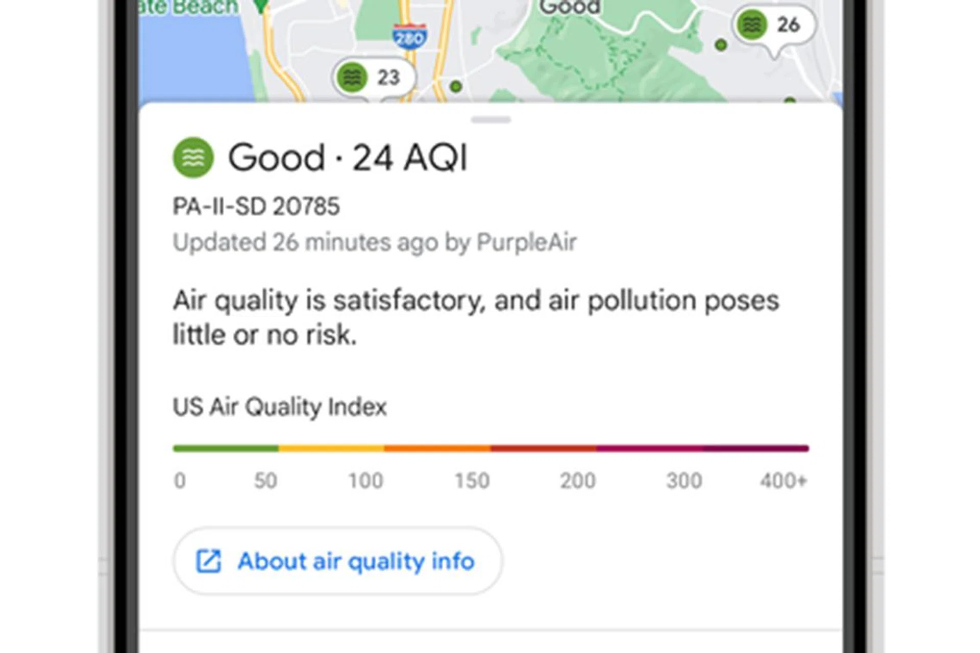 Google Maps Air Quality Index (AQI) feature.
