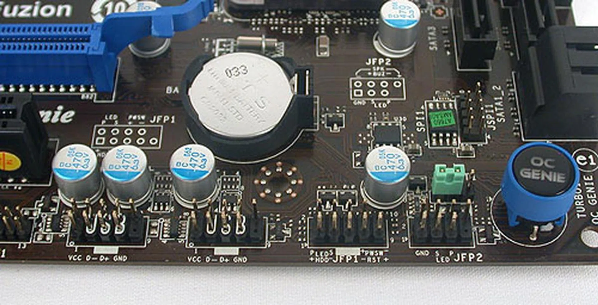 There are no onboard buttons for power and reset so get ready to hook up your casing's front-panel chassis connections to this board. There is however an OC Genie button for easy, automatic overclocking.