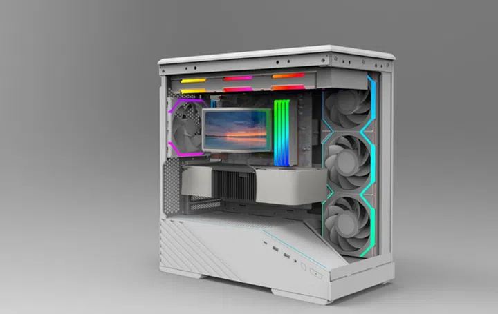 The Hydroshift III as seen installed inside a PC case, with the 2K screen on the front. Photo: Lian Li.