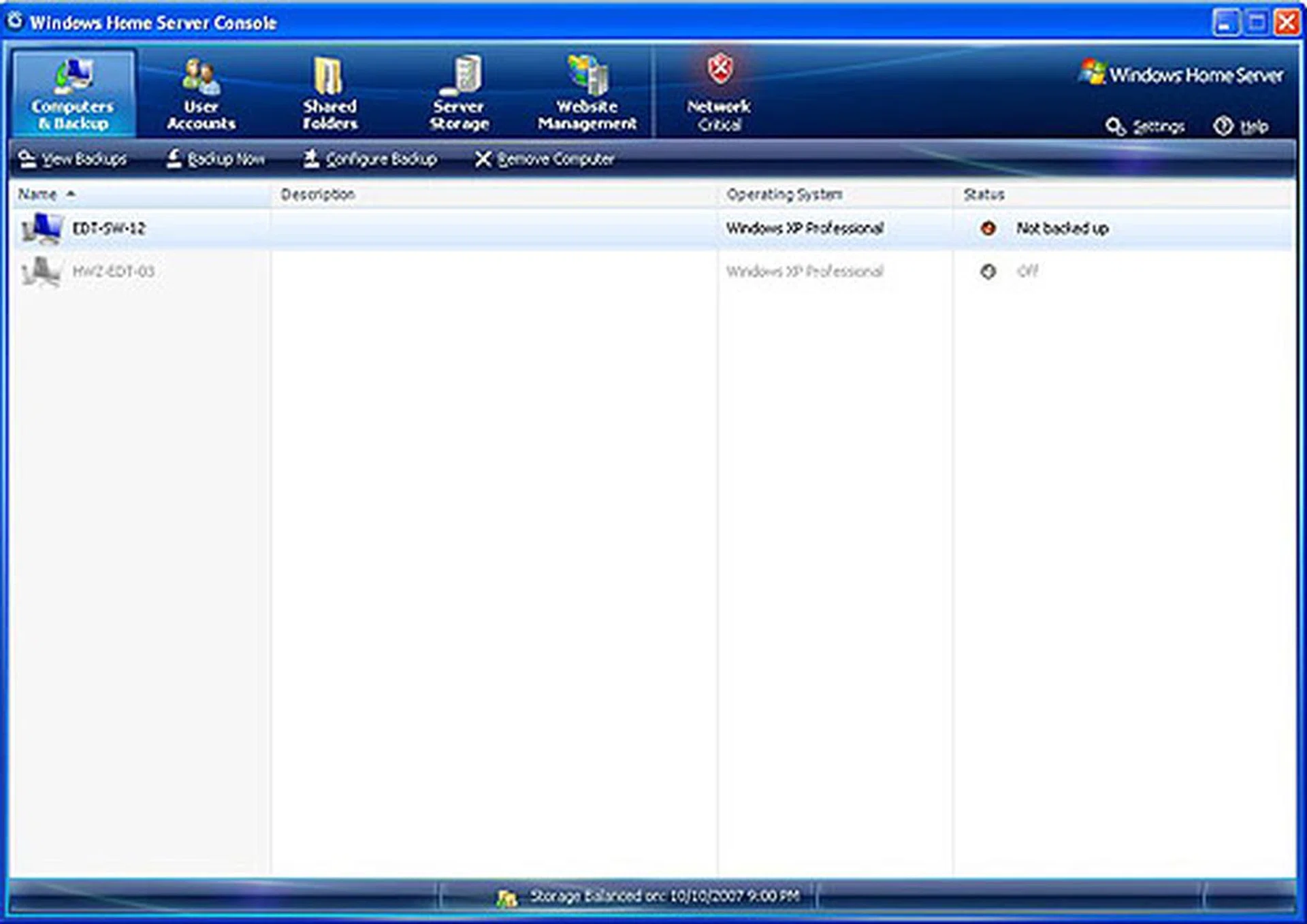 (Click to enlarge.) The Computers & Backup tab shows all the computers on the network connected to the Home Server. Here is also where you can see the status of the various backups and configure/schedule backups.