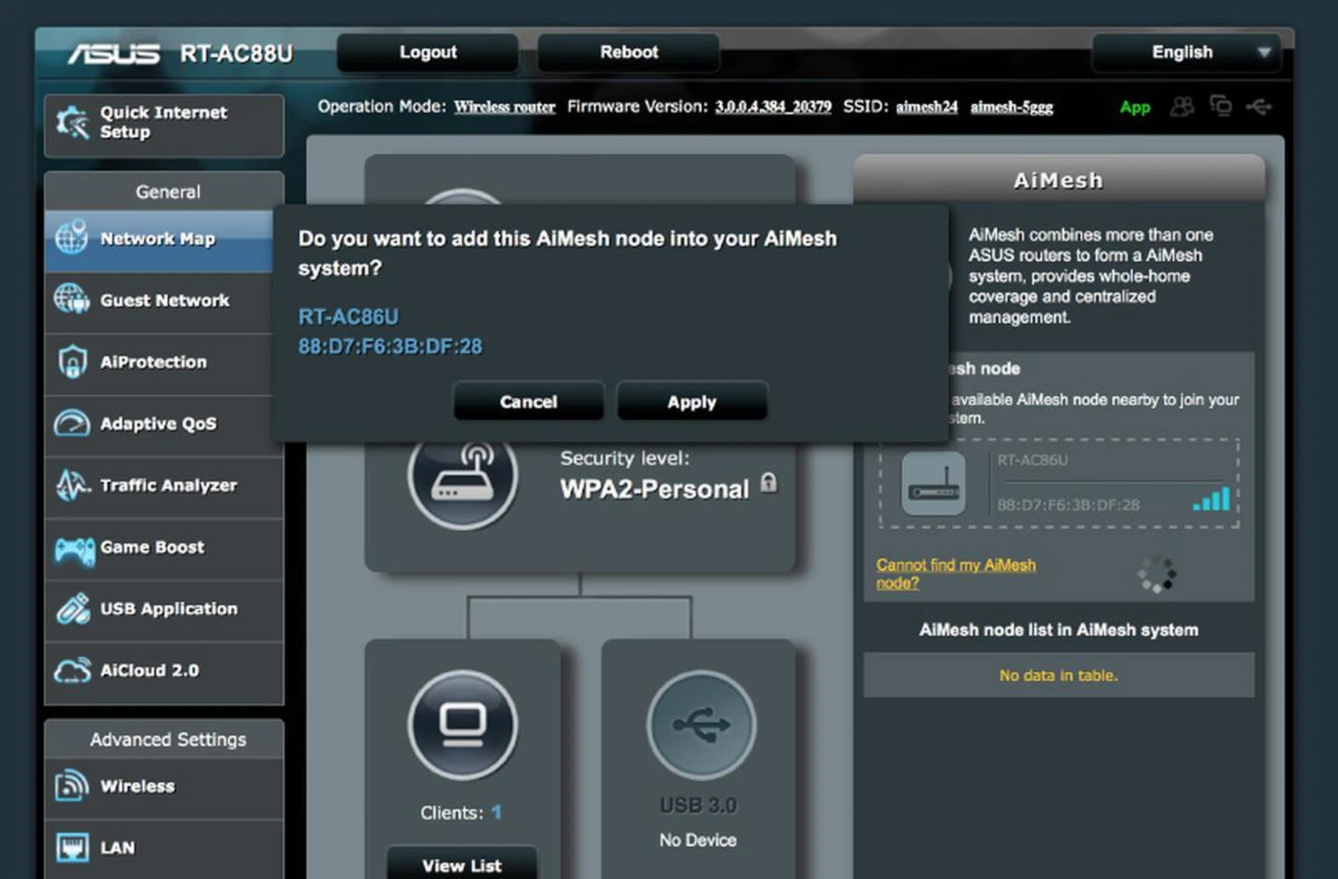 After updating to the latest firmware, you will see the AiMesh option at the right.