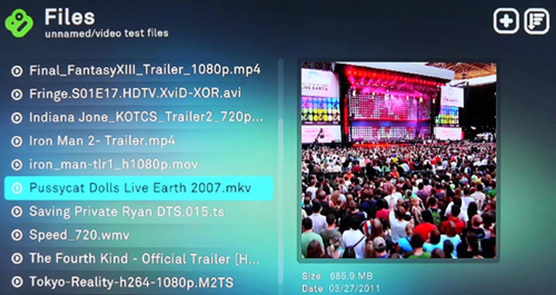 The "Files" sub-menu enables you to select and play photos, music or movie files from different platforms. For example, either from a network drive or locally connected external storage. A random screen-cap is used for the file's thumbnail as shown.