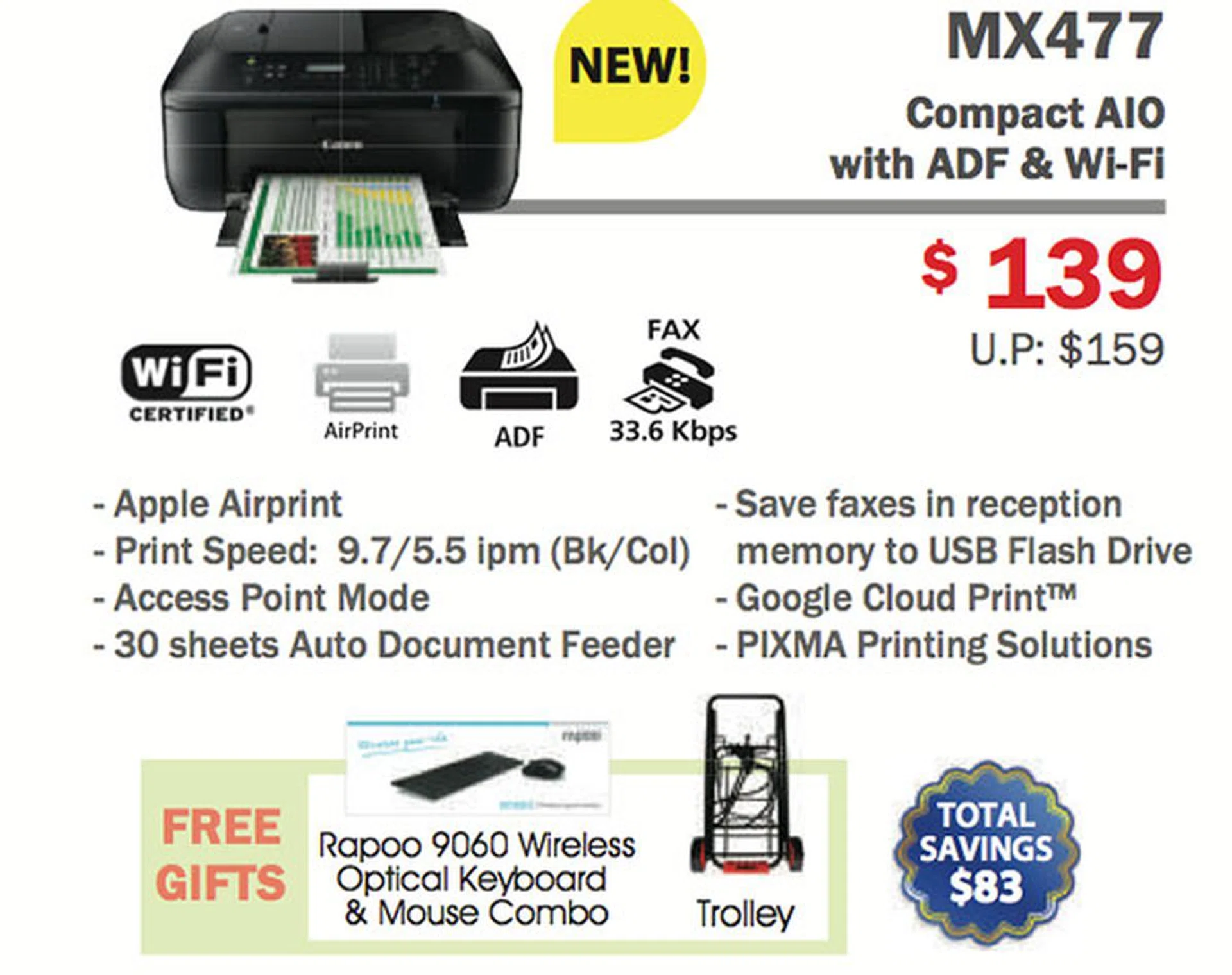 The Canon Pixma MX477 prints, scan, copies, and faxes - all for just $159! Need we say more? Yes, it's a further $20 off at the show, and you get freebies too!