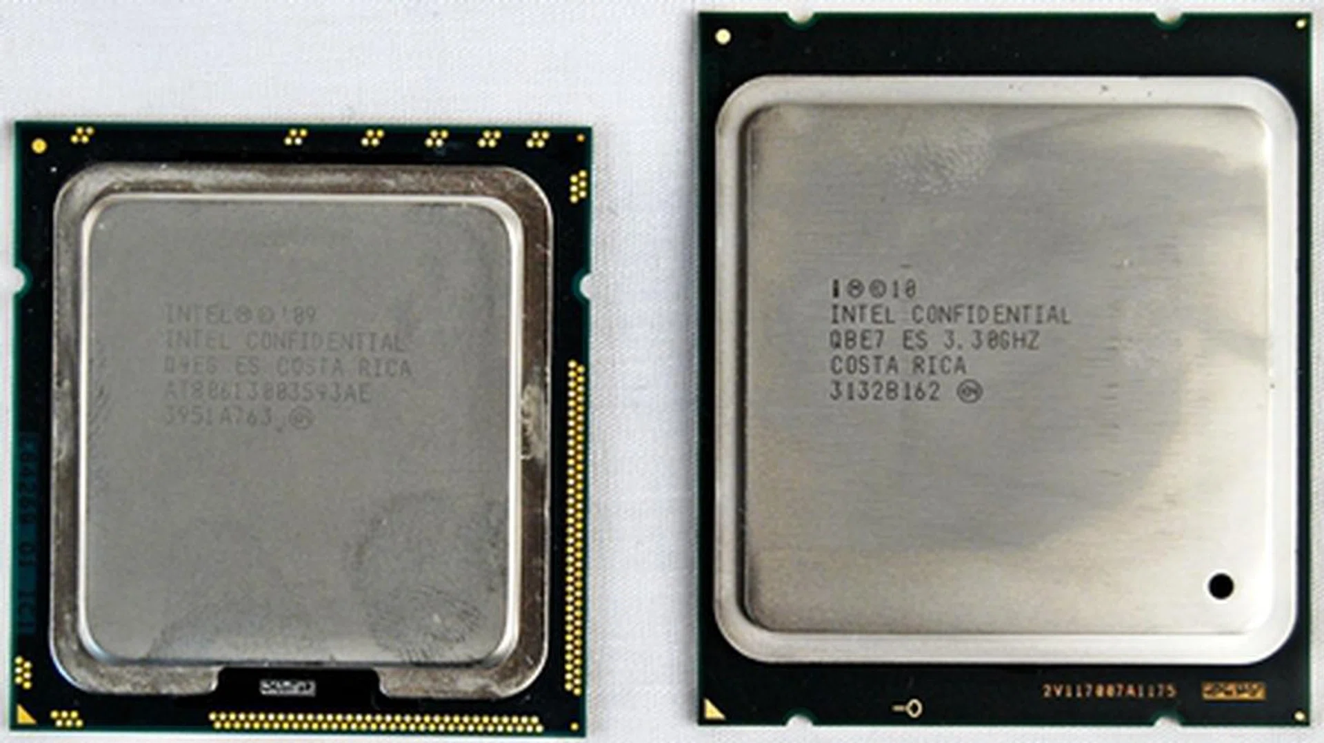 Compared here is the new top of the line Core i7-3960X LGA2011 packaged processor on the right versus an LGA1366 processor to the left which is represented by our Core i7-980X Extreme Edition.
