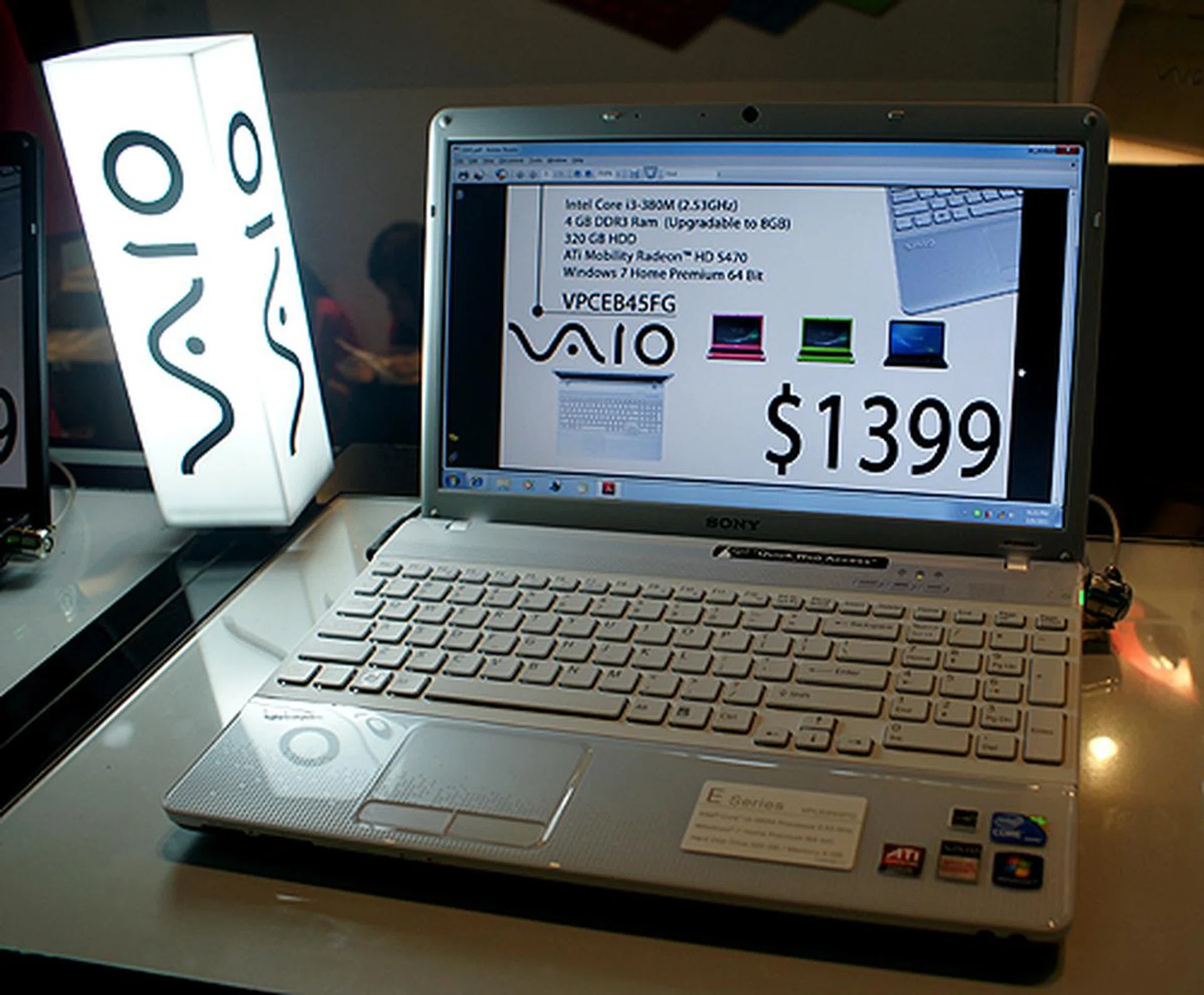 This particular Vaio E model, VPCEB45FG, has a 2.53GHz Intel Core i3-380M processor, 4GB DDR3 RAM, 320GB HDD and ATI Mobility Radeon HD 5470 graphics. Going for $1399 and comes with over $298 worth of freebies.