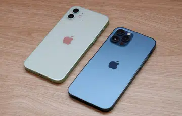 The Apple iPhone 12 (left) and iPhone 12 Pro (right).