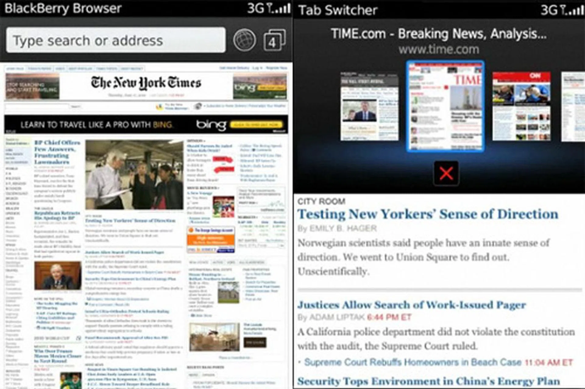 The webkit browser is a huge improvement over the earlier BlackBerry web browsers, adding pinch-to-zoom and preview tabs to enhance the experience.
