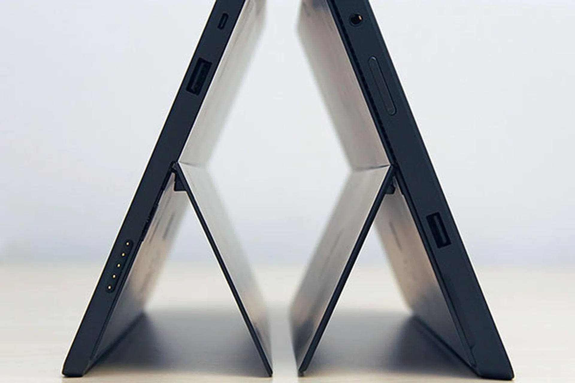 The Surface Pro (on the right) is 44% thicker than the Surface RT. It also tilts slightly more towards the back (26 vs. 22 degrees).