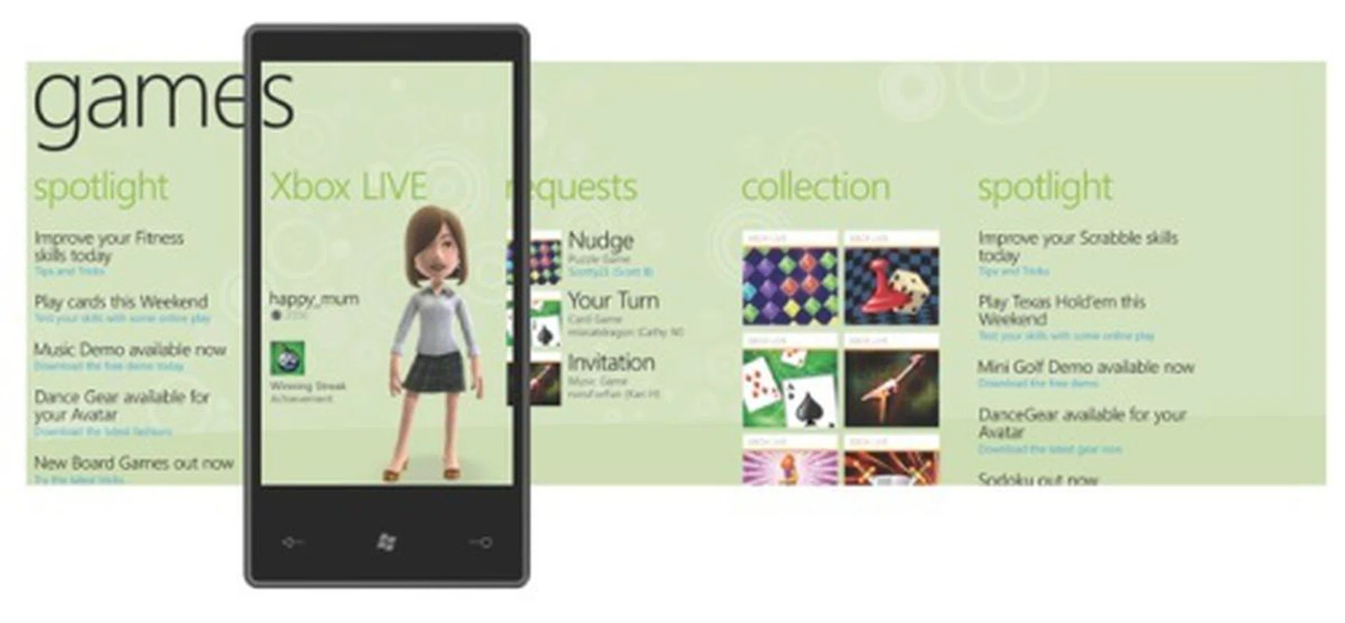 Games hub - enjoying games on the go with Xbox Live integration.