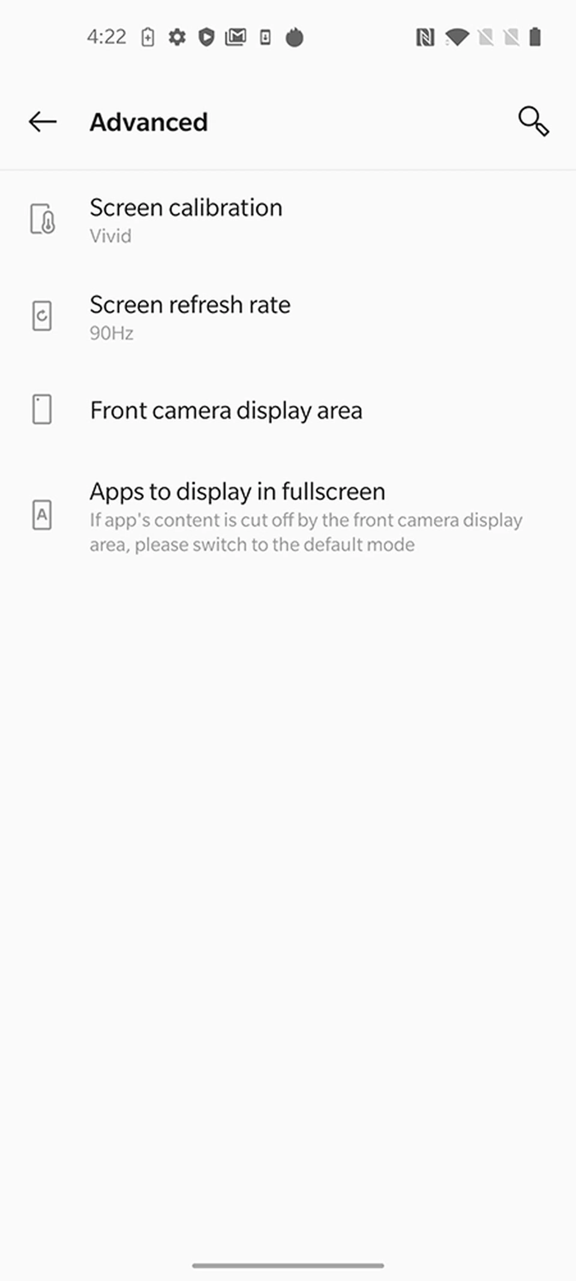 OnePlus 8 display options.