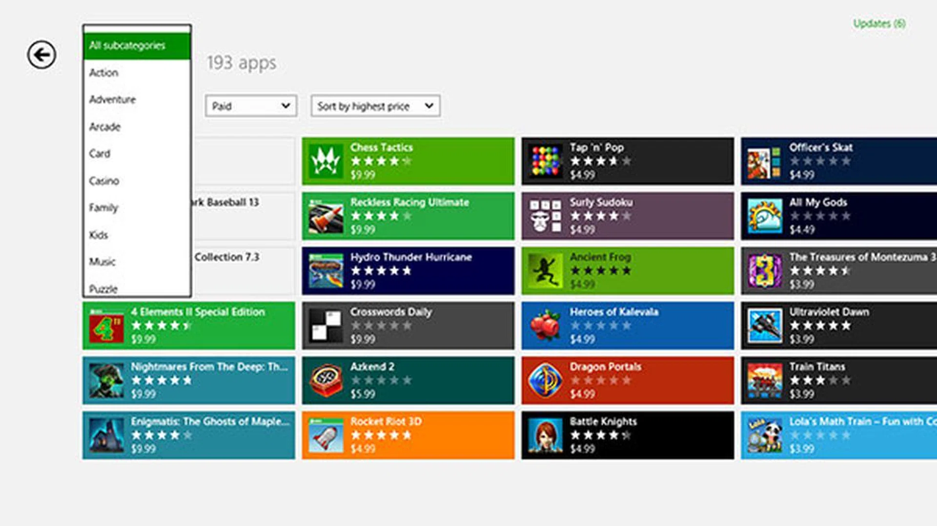 Use the drop-down menus to sort the apps according to subcategories, ratings, prices, and release dates. 