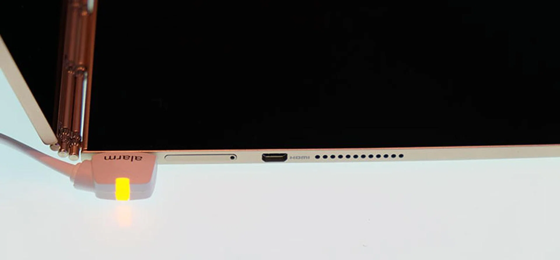 There is just a single display connector in the form of a mini HDMI output. You can also see here one of a pair of Dolby Atmos-enhanced speakers.