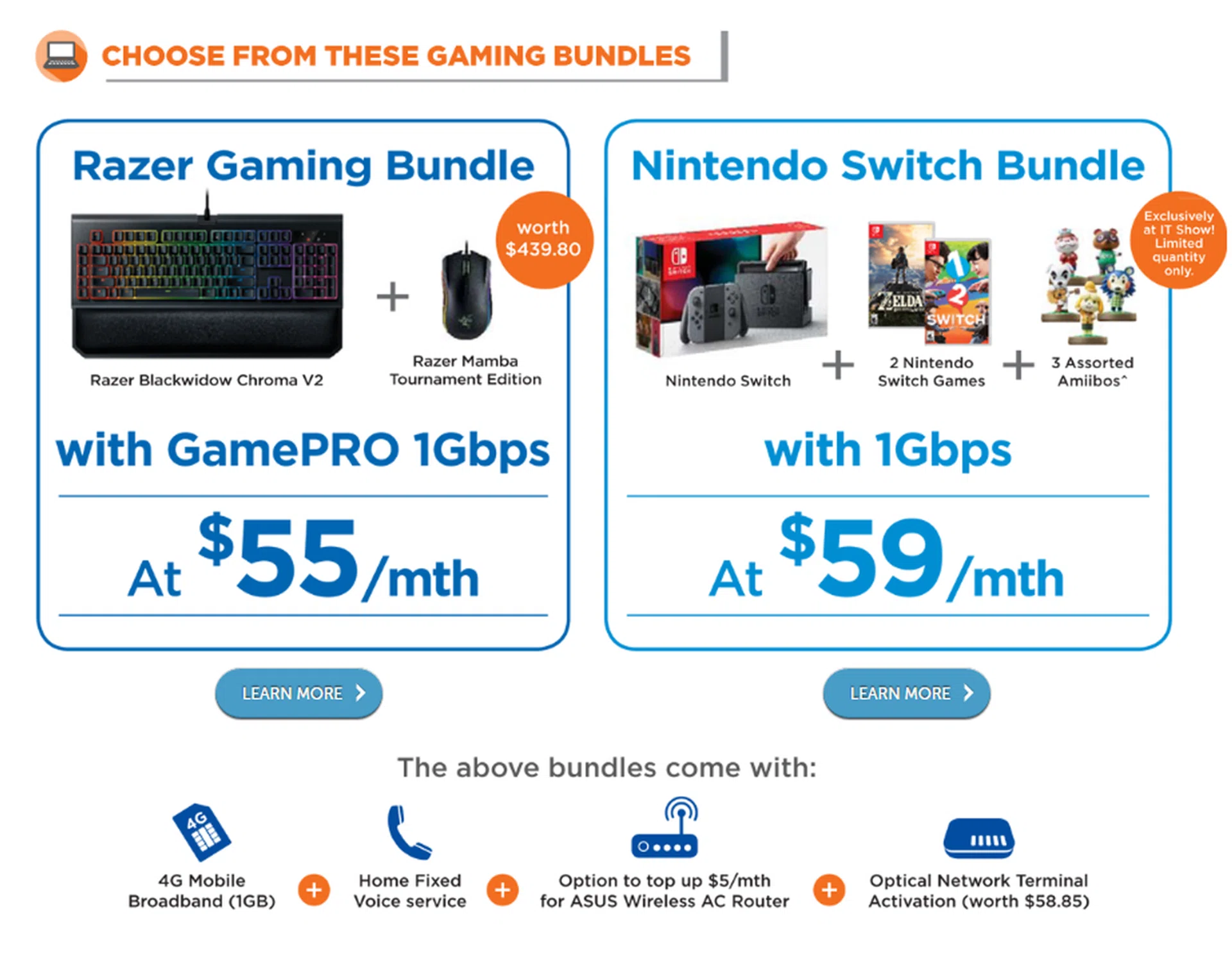 Get a free Nintendo Switch console and Legend of Zelda: Breath of the Wild and 1-2 Switch, as well as three assorted Amiibos when you sign for a 1Gbps Fiber Broadband plan with M1 at S$59/month.