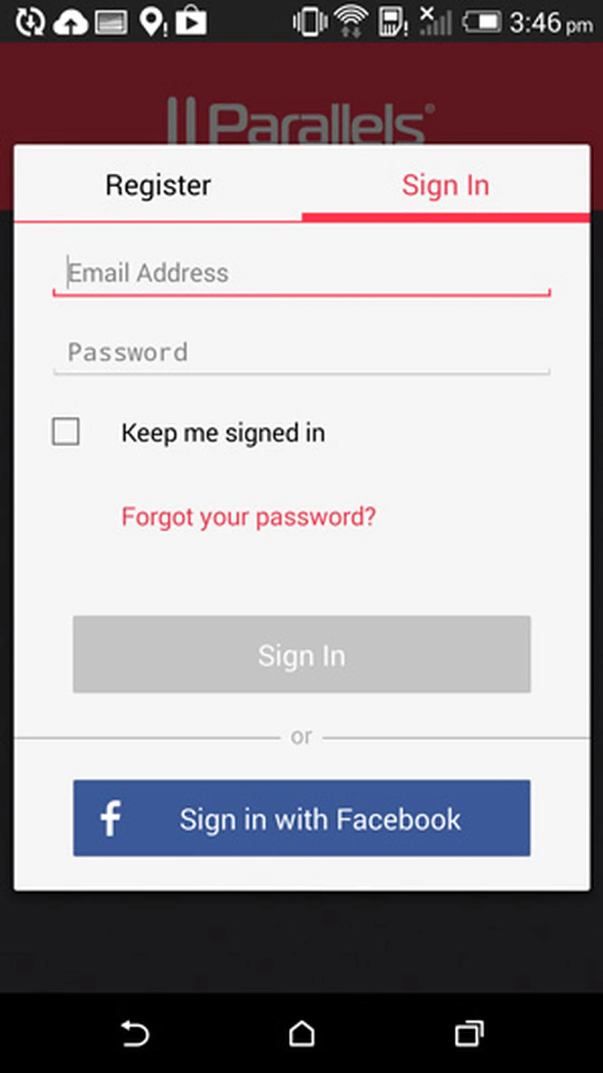 Similarly, you'll be asked to login on your mobile device. You can also login using your Facebook account.