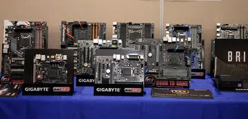Here's a mix of current and upcoming motherboards from Gigabyte. Unfortunately, we weren't allowed to look more closely at the new models, because they're still technically prototypes.