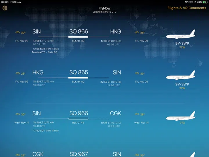 FlyNow shows upcoming flights and relevant flight information at a glance.