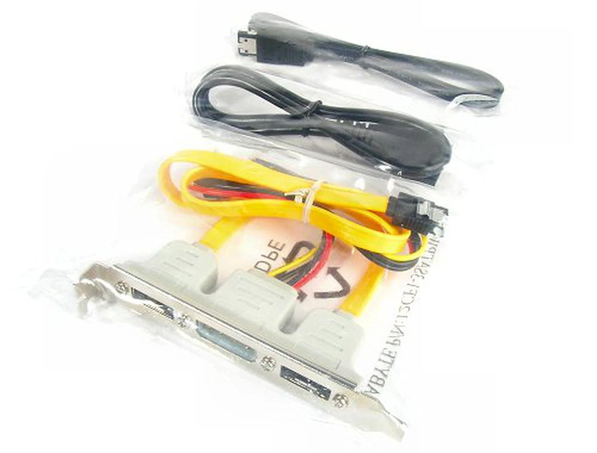 eSATA package comes with bracket and a set of external data and power cables.