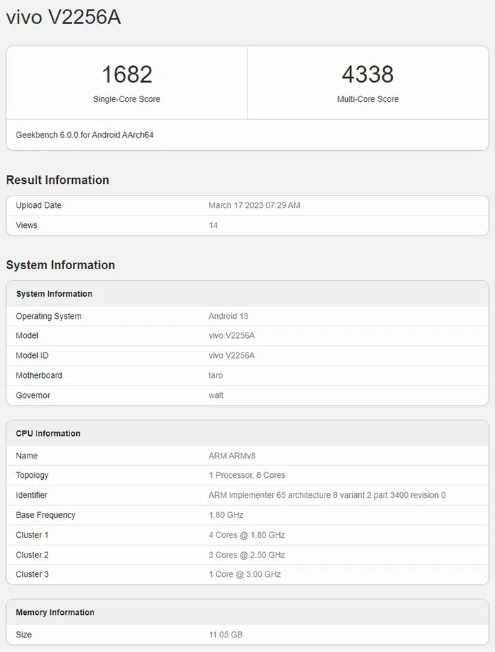 Geekbench 6: publicly viewable scores of the Vivo X Flip (from Geekbench website).