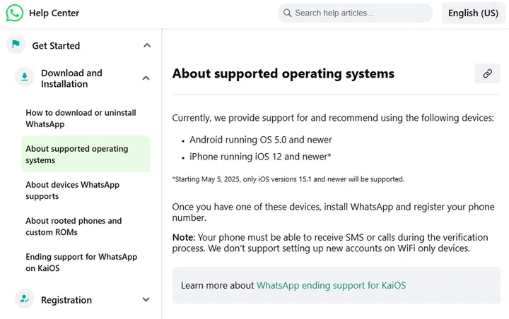 The FAQ page stating WhatsApp's updated compatibility in the near future. Image: WhatsApp.