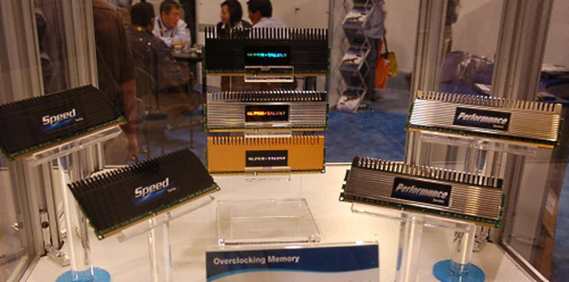 Some of SuperTalent's high speed memory modules for overclocking on display with their distinctive heat spreaders. 