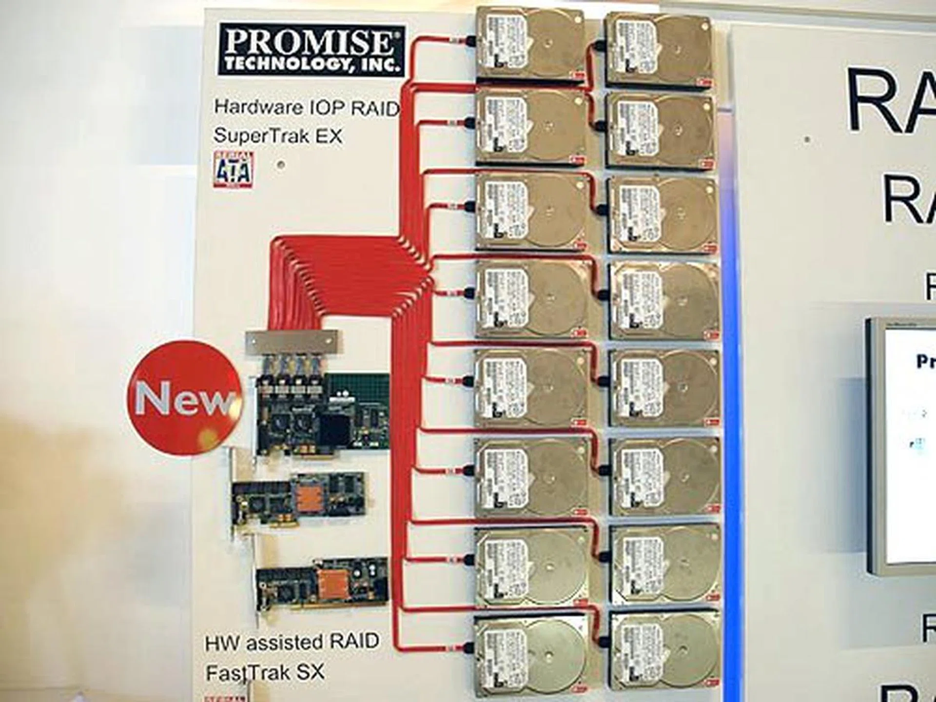 A broader view of the SuperTrak EX16350 supporting an array of 16 hard disk drives.
