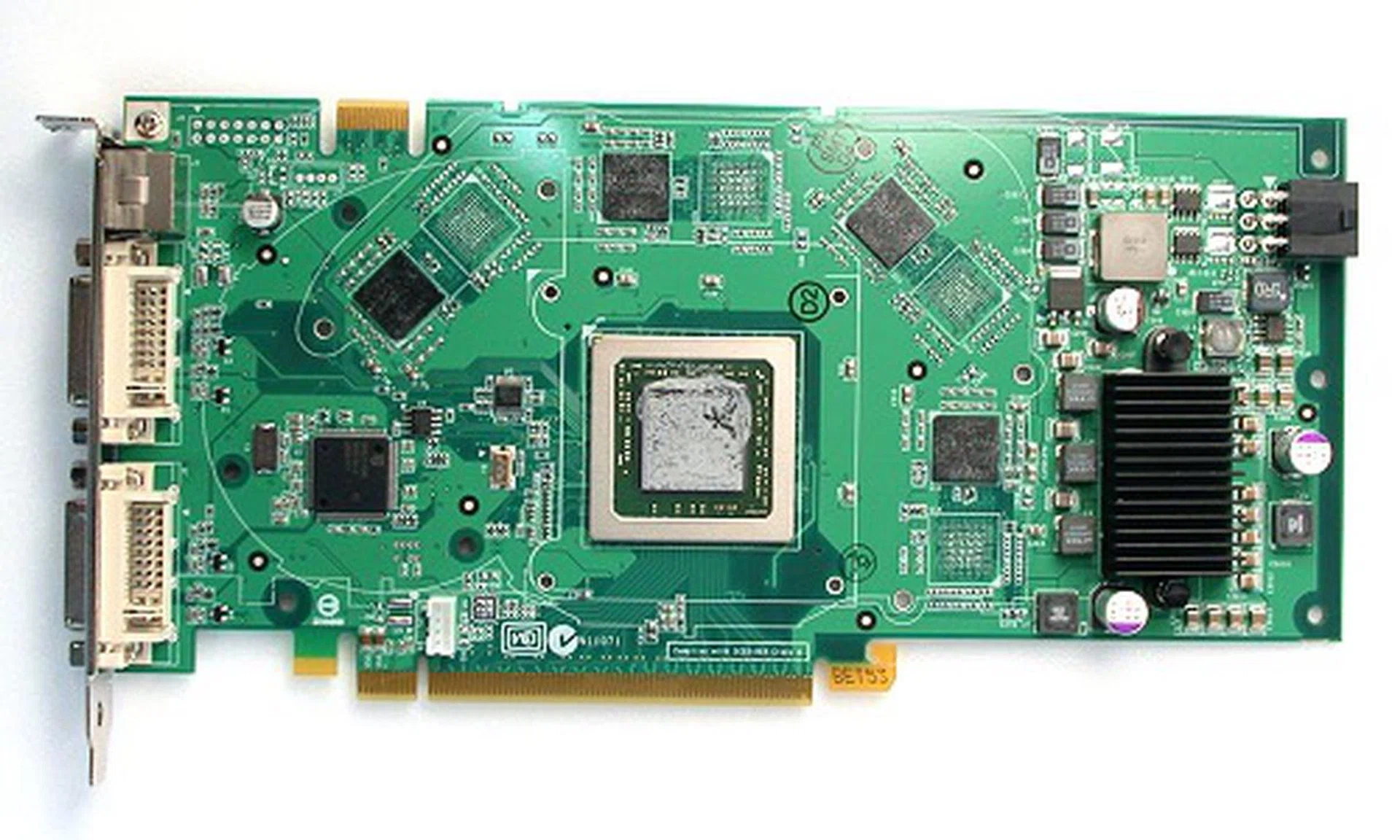 Here's the front face of the bare GeForce 7800 GTX graphics card. Note the RAM chip layout.