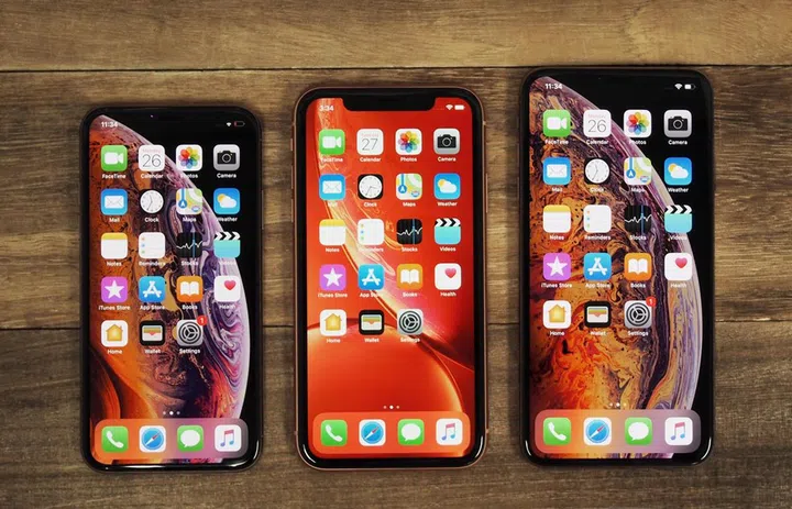 From left to right: The Apple iPhone XS, iPhone XR and iPhone XS Max.