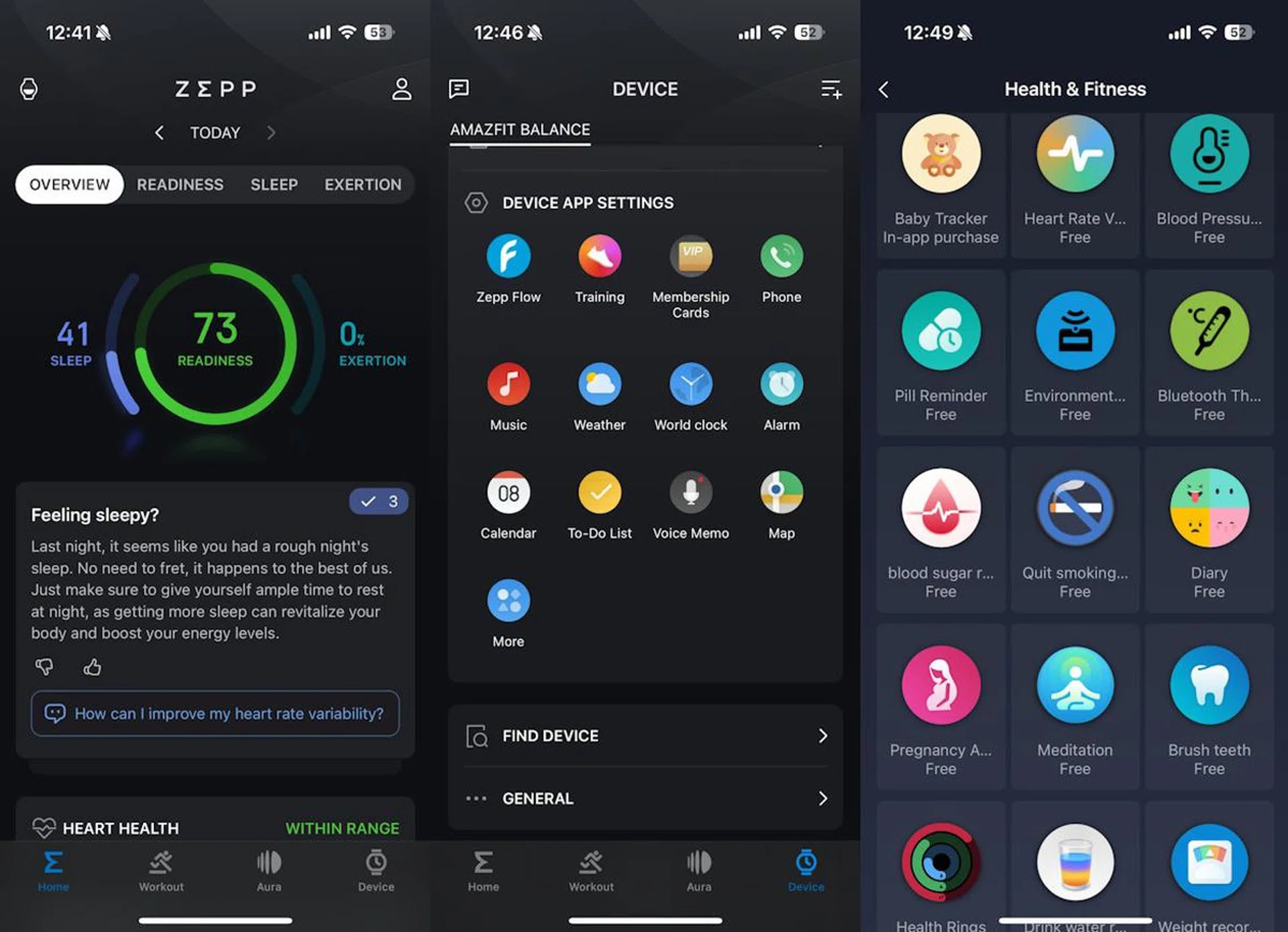 The Zepp companion app for the Amazfit Balance is feature-rich, but cluttered and intimidating in terms of options and data presentation.