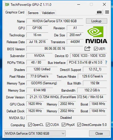 Palit GeForce GTX 1060 Super JetStream GPU-Z