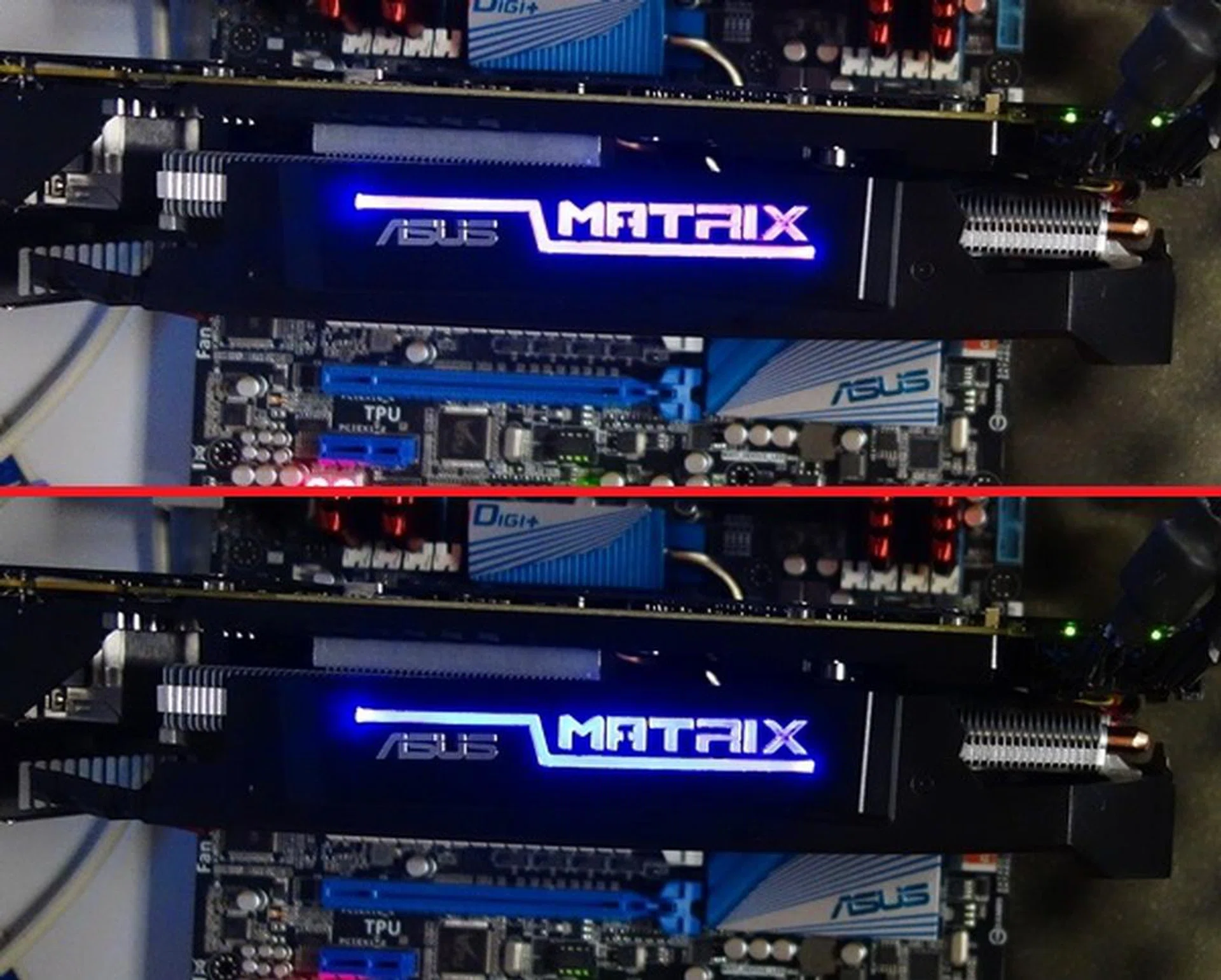 During our testing, the Matrix LED turned pink under heavy load (top), and under medium load, it shone blue.