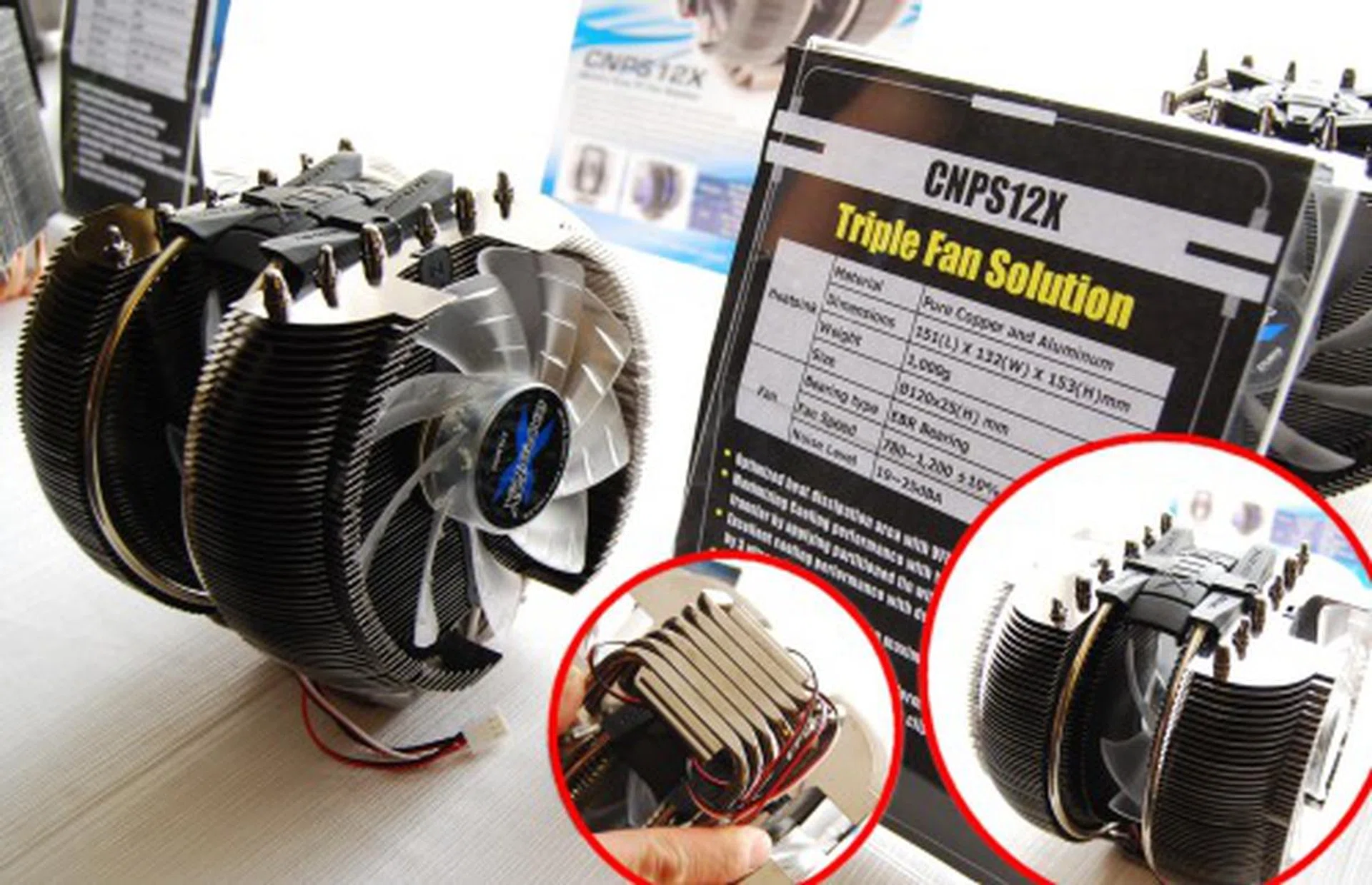 The Zalman CNPS12X is the world's first tri-fan CPU cooler solution. Weighing at 1kg, this is quite a massive cooler with six direct contact heatpipes. It's compatible with various CPUs and sockets via its all in one clip structure.