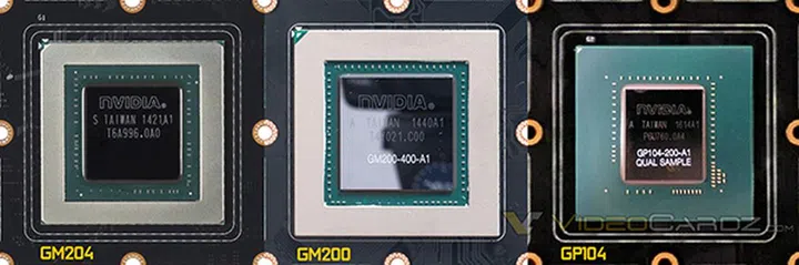 A leaked image of the GP104 GPU package (far right) appears to show a standard memory interface, similar to the Maxwell-based GM204 and GM200 GPUs.