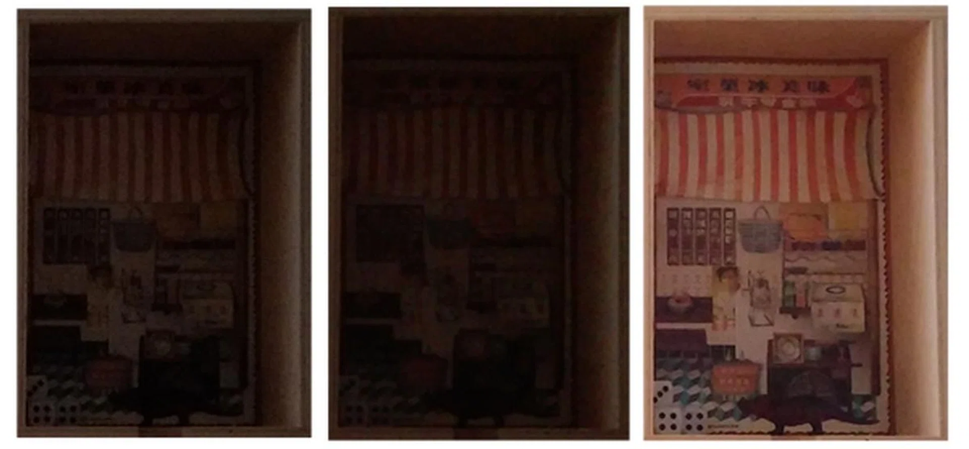 From left to right: HTC Butterfly 2, HTC One (E8) and LG G3. <br> Low-light photos taken in Normal mode. Both HTC handsets fared poorly in low light conditions. You still can see the Chinese text in the photo taken by the LG G3. <br> Click to view the enlarged image.