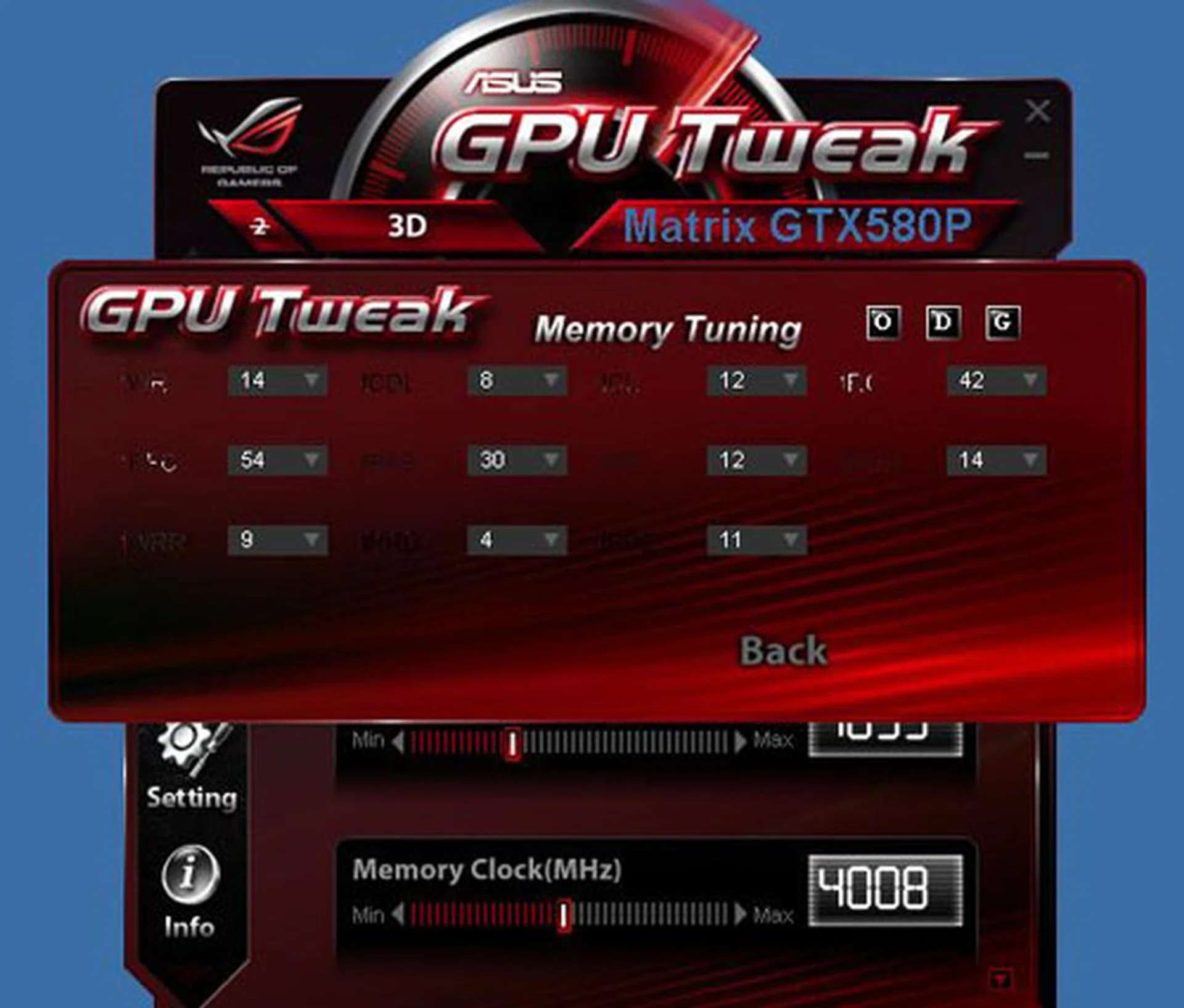 One advantage of GPU Tweak that ASUS is touting over rival tuning utilities is the added option to change the memory timings on the graphics card. In our experience, memory timing options bring little benefit these days, but that's what the ROG product is all about - pushing the capabilities to the max.