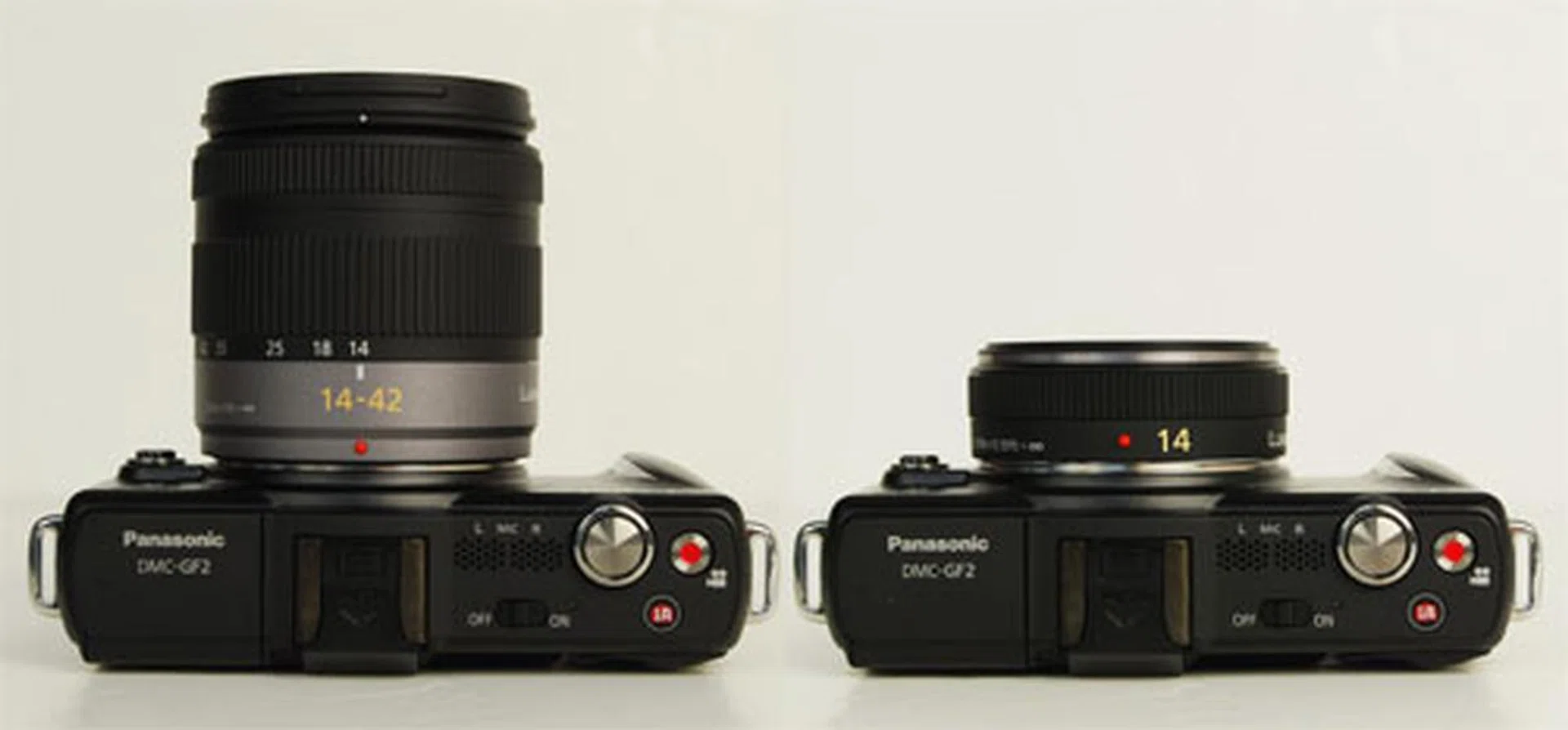 Another look at the differences in size between the 14-42mm kit lens (left) and the 14mm kit lens (right).