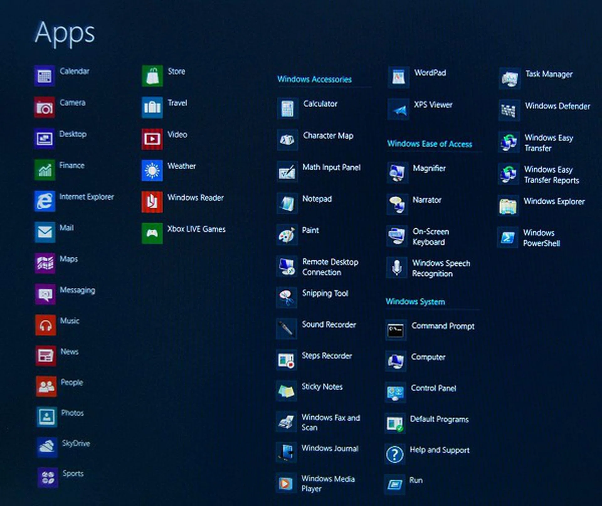 The full apps list that is available on a clean OS.